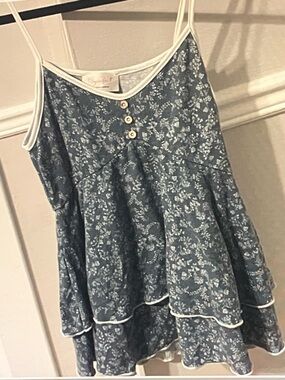 Sugar Blue Floral Tiered Camisole with White Trim